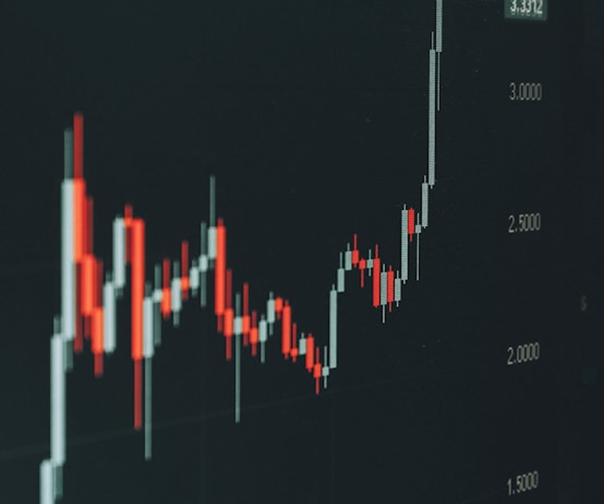 Un graphique boursier affiche des chandeliers rouges et blancs sur fond sombre, montrant une tendance haussière des prix. Texte : 3.3312 3.0000 2.5000 2.0000 1.5000