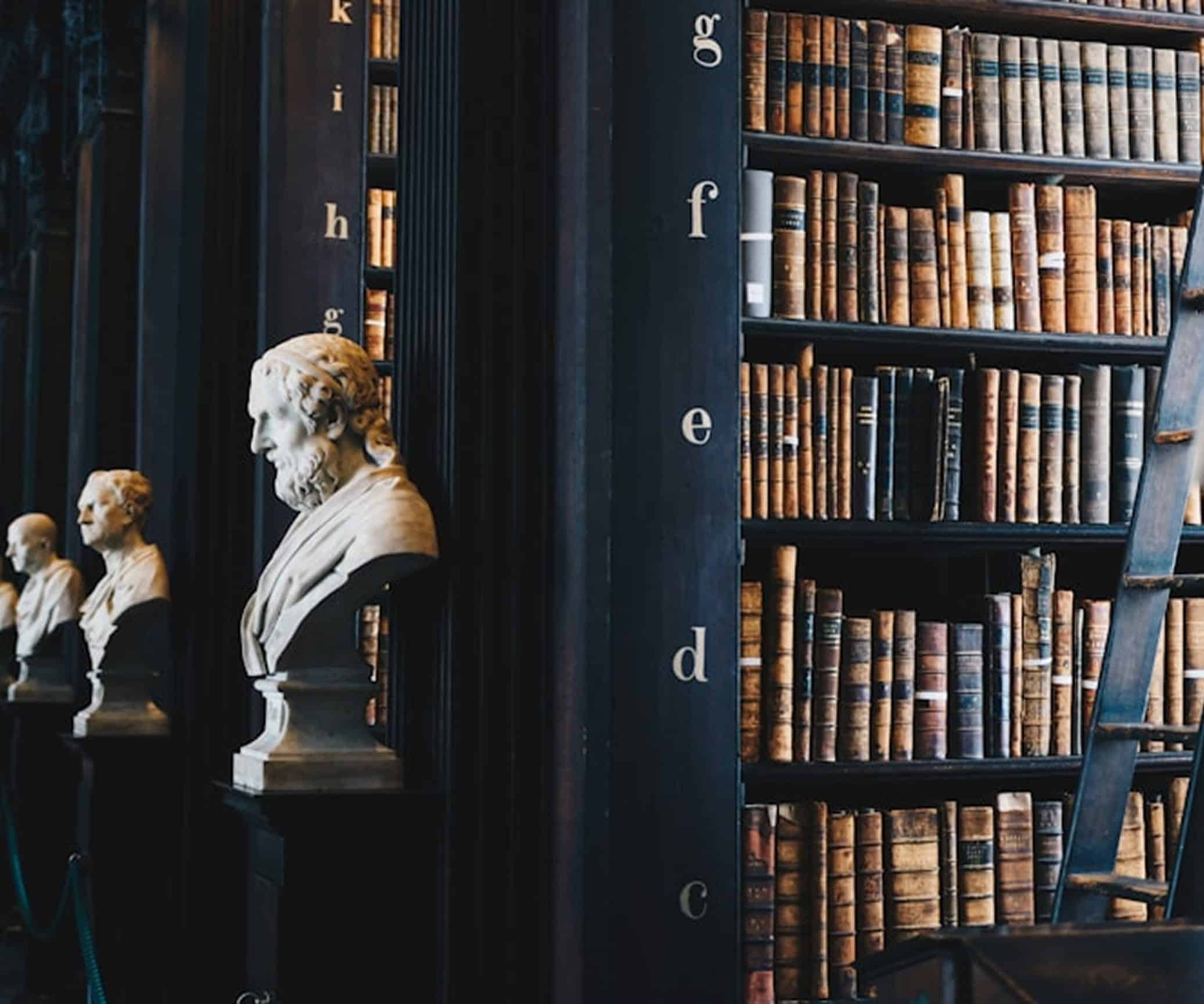 Des bustes en marbre alignés à gauche font face à de hautes étagères sombres, remplies de livres anciens. Les colonnes affichent 'k', 'i', 'h', 'g', 'f', 'e', 'd', 'c'. Une échelle est visible à droite.