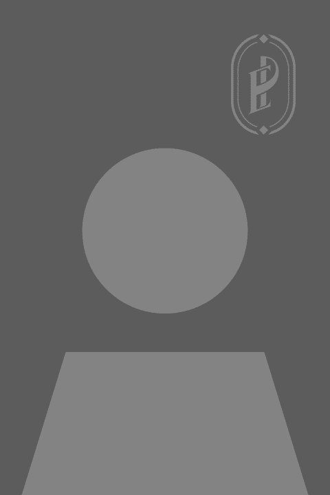 Une silhouette humaine simplifiée, composée d'un cercle pour la tête et d'un trapèze pour le torse, sur un fond gris. En haut à droite, un logo ovale avec un "P" stylisé.